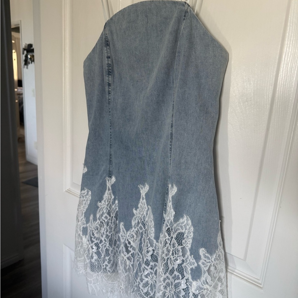 Amanda Uprichard Romilly Blue Denim White Lace Romper Skort BNWT - Picture 5 of 13